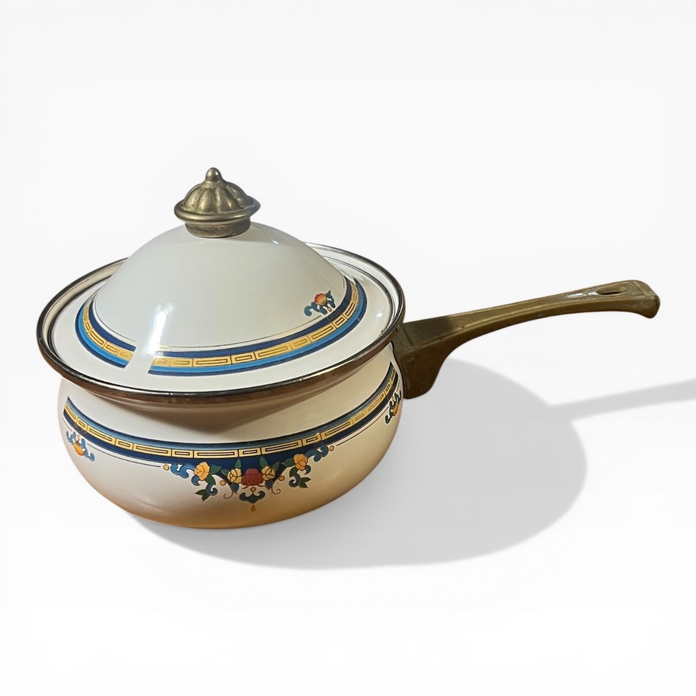 Vintage Floral Enamel Saucepan with Lid Brass Handle Chinoiserie Cream Blue Gold
